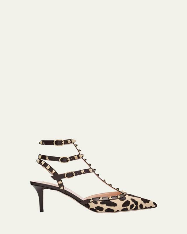 Rockstud Leopard-Printed Calf Hair Caged Pumps